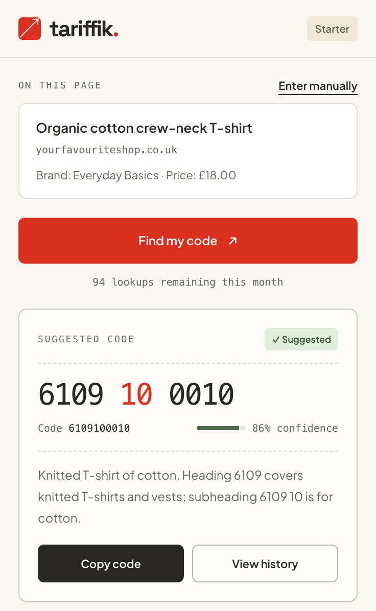 The Tariffik Chrome extension side panel suggesting commodity code 6109 10 0010 for an organic cotton T-shirt